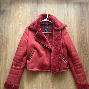 Bershka Red Teddy-Lined Moto Jacket